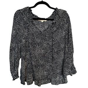 LOFT Navy Blue & White Polka Dot Long Sleeved‎ Blouse Tie Front Large